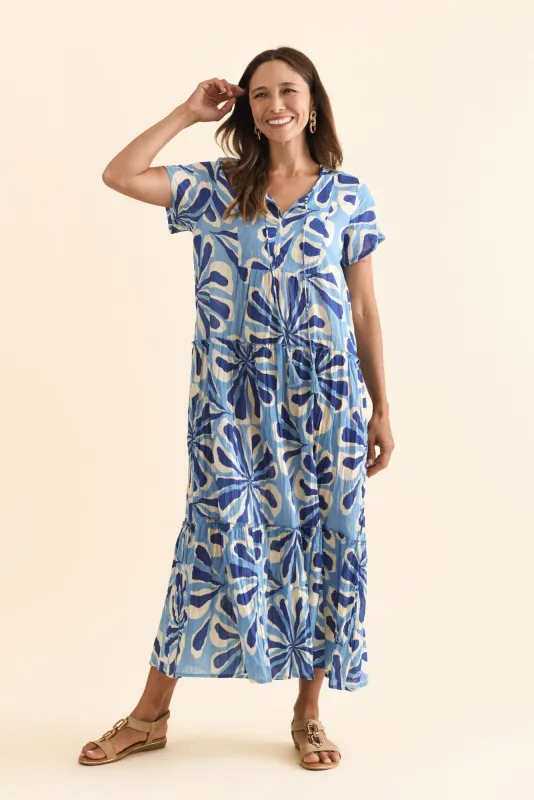 Nona Blue Daisy Crinkle Cotton Maxi Dress sold by Blue Bungalow