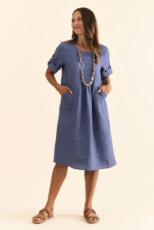 Nolita Dark Blue Linen Pocket Dress sold by Blue Bungalow