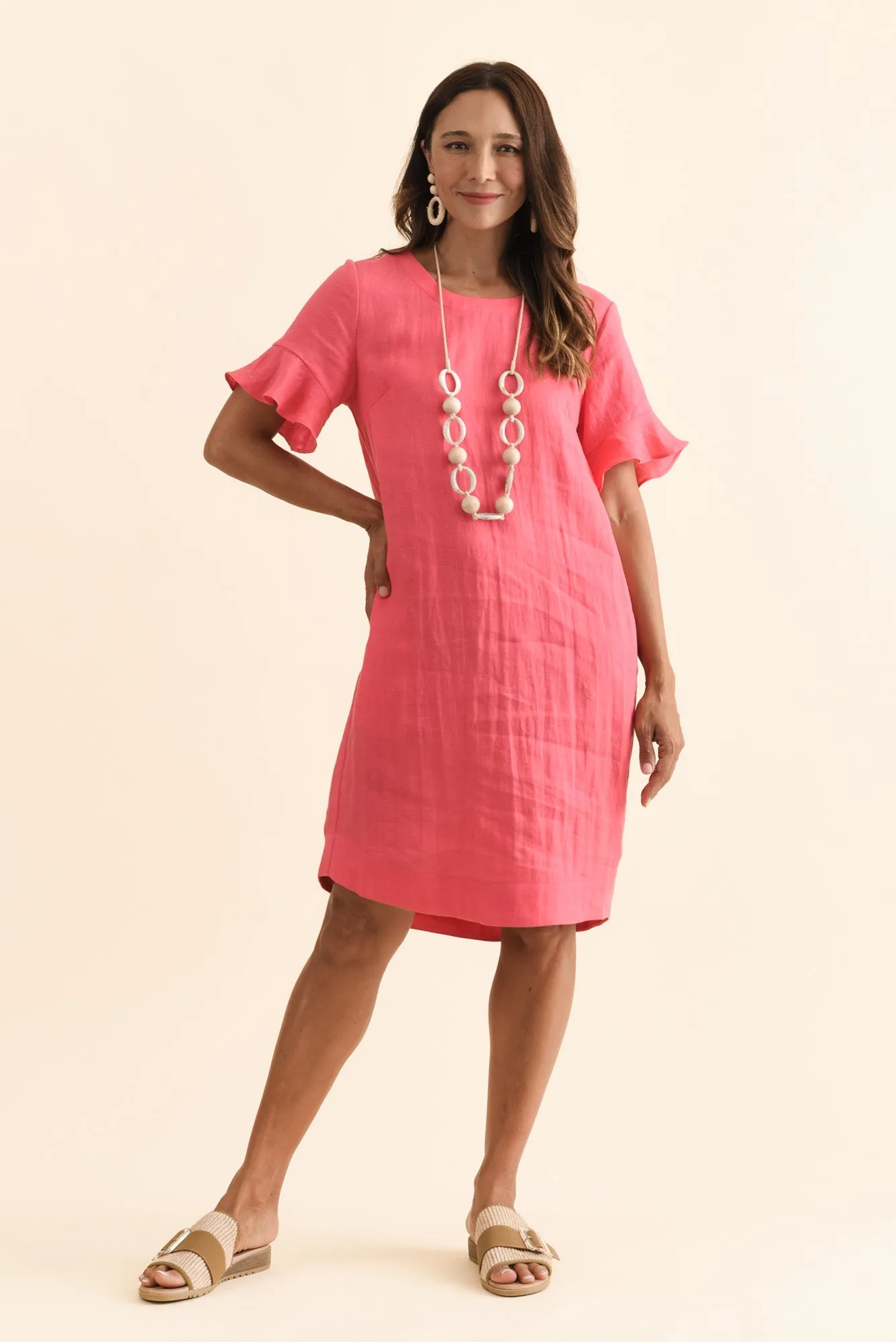 Lesley Melon Linen Flutter Sleeve Dress sold by Blue Bungalow