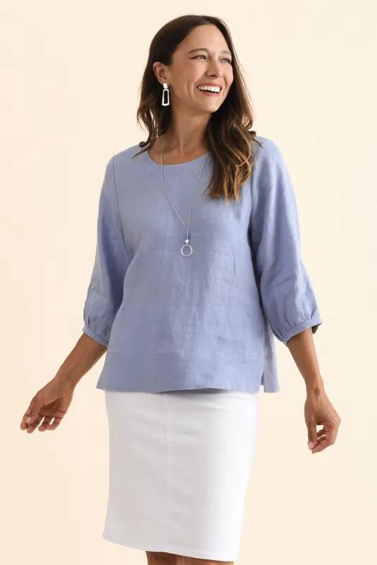 Addie Blue Linen Sleeved Top sold by Blue Bungalow