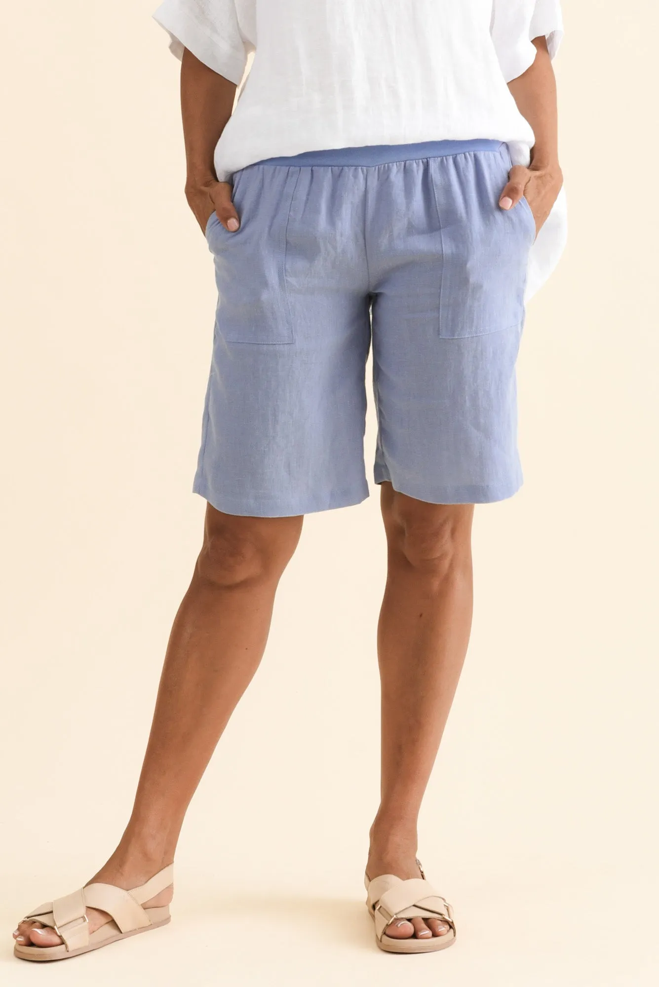 Elka Blue Linen Relaxed Shorts sold by Blue Bungalow