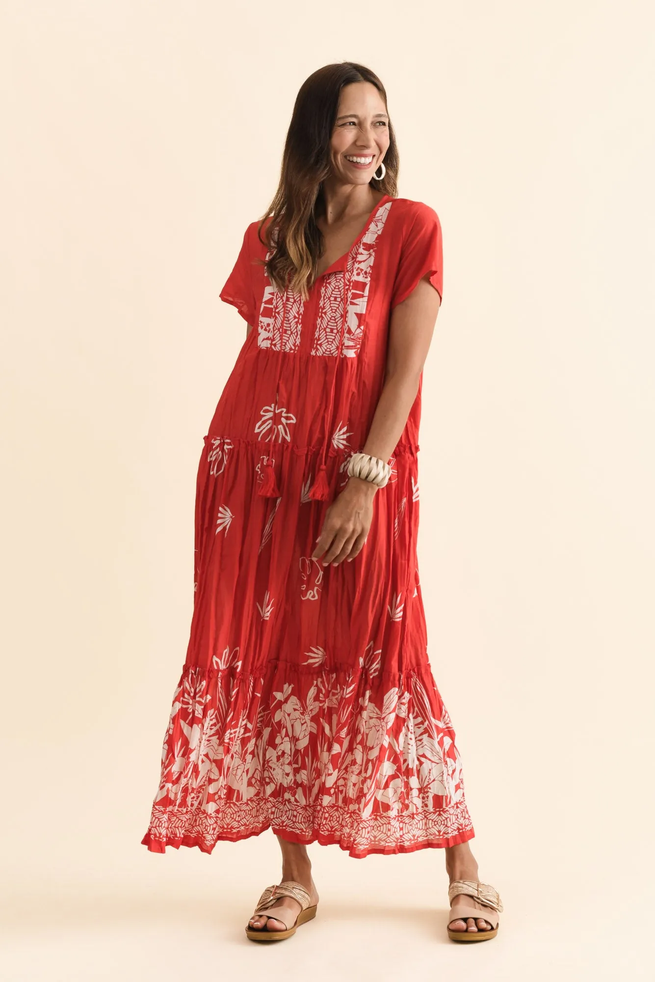 Nona Red Botanical Crinkle Cotton Maxi Dress sold by Blue Bungalow product image thumbnail 2