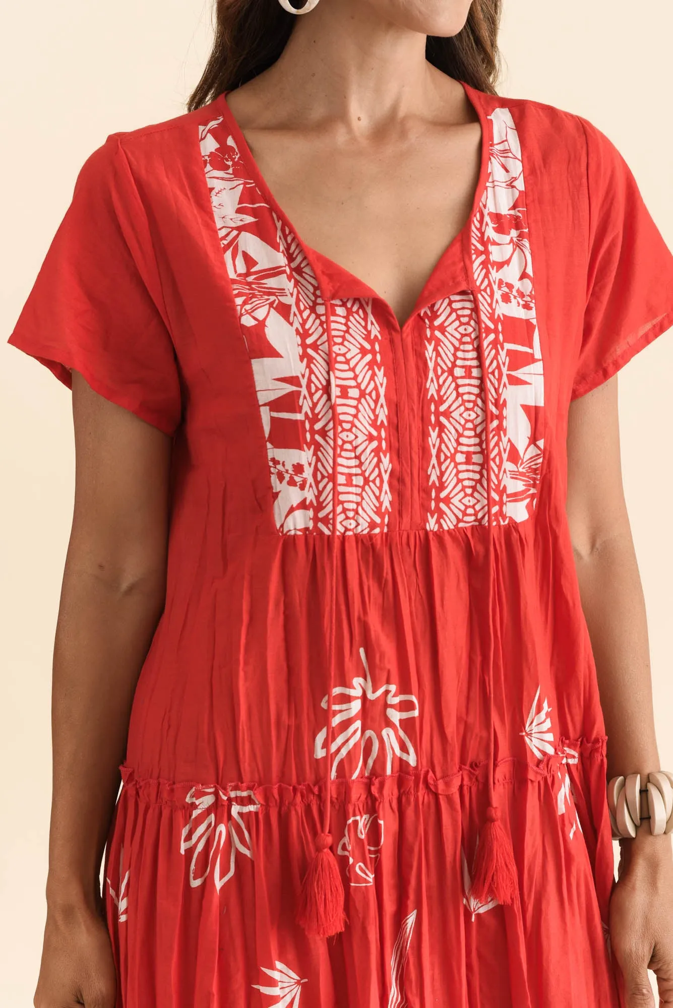 Nona Red Botanical Crinkle Cotton Maxi Dress sold by Blue Bungalow product image thumbnail 5