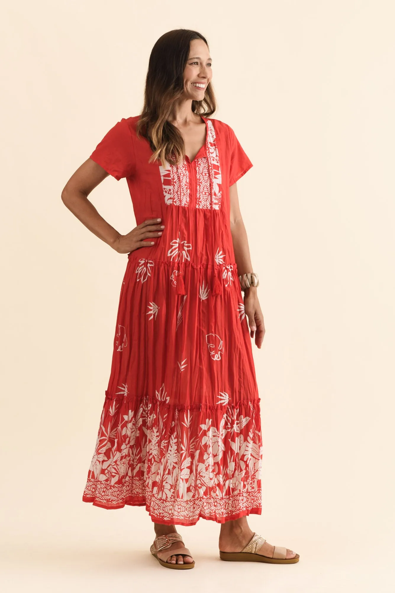 Nona Red Botanical Crinkle Cotton Maxi Dress sold by Blue Bungalow product image thumbnail 3