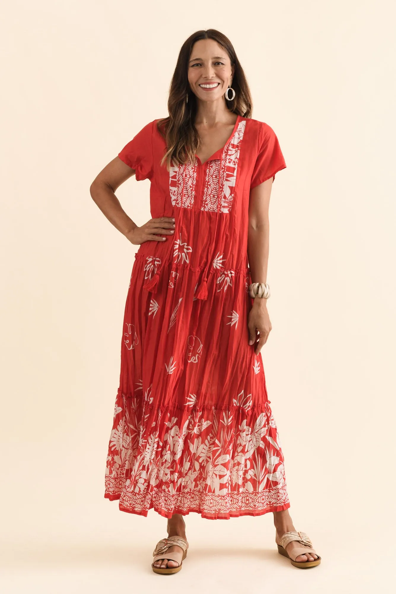 Nona Red Botanical Crinkle Cotton Maxi Dress sold by Blue Bungalow