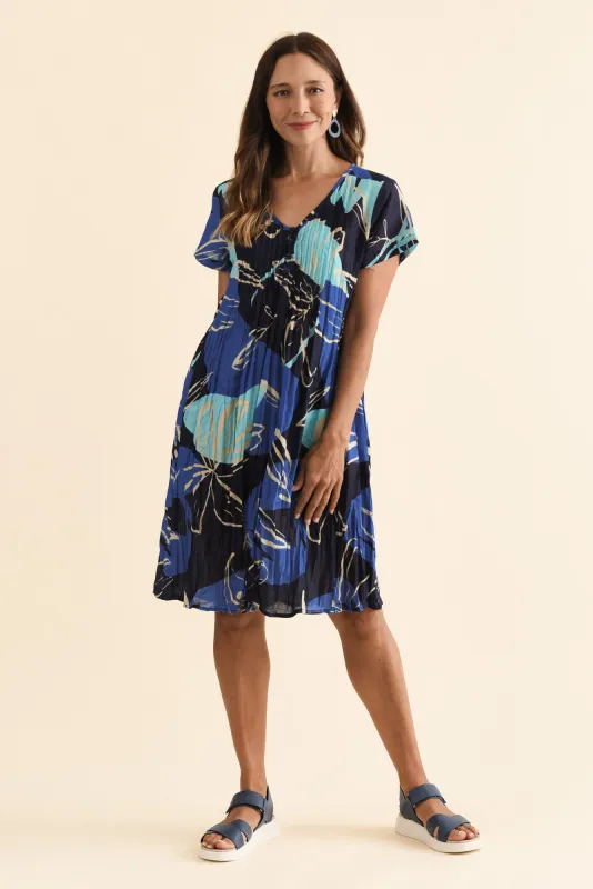 Sabina Blue Tiger Lily Crinkle Cotton Dress sold by Blue Bungalow