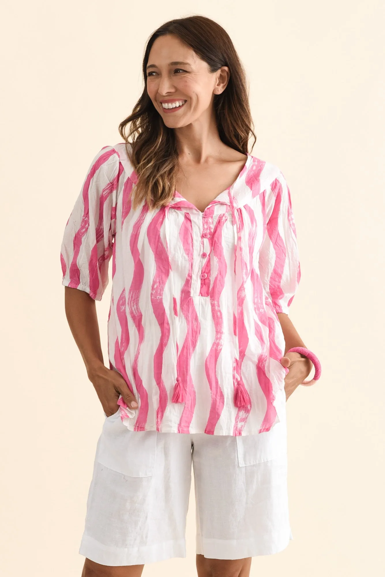 Claris Pink Stripe Crinkle Cotton Top sold by Blue Bungalow