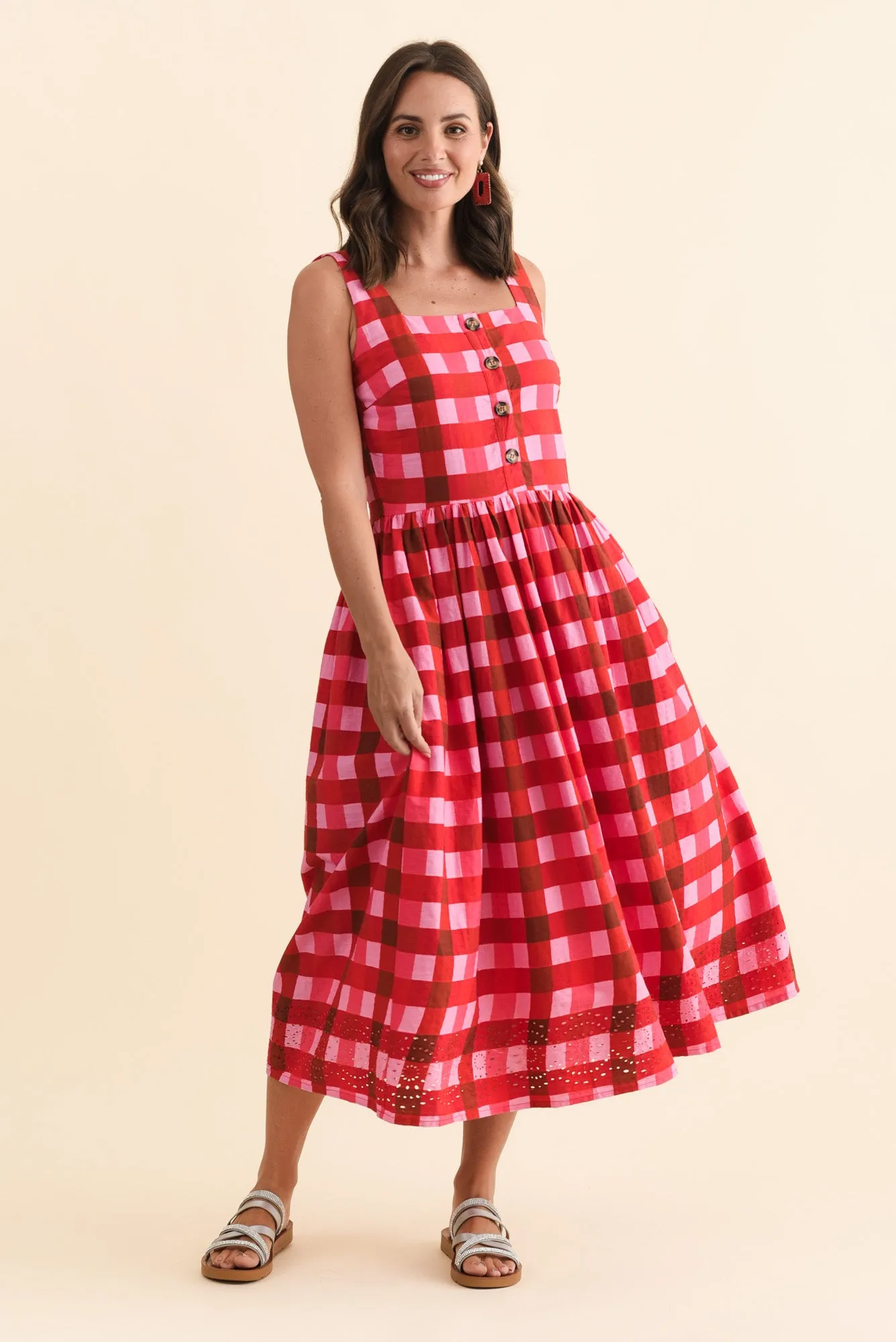 Edin Red Check Cotton Midi Dress sold by Blue Bungalow product image thumbnail 2