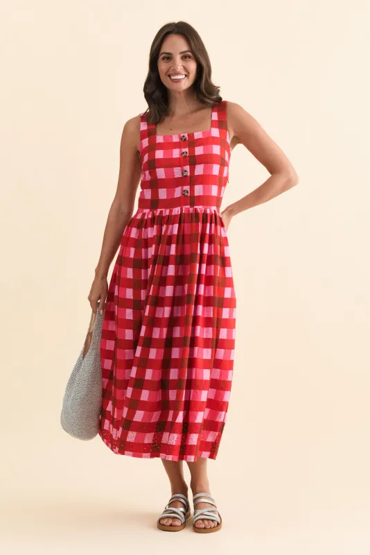 Edin Red Check Cotton Midi Dress sold by Blue Bungalow