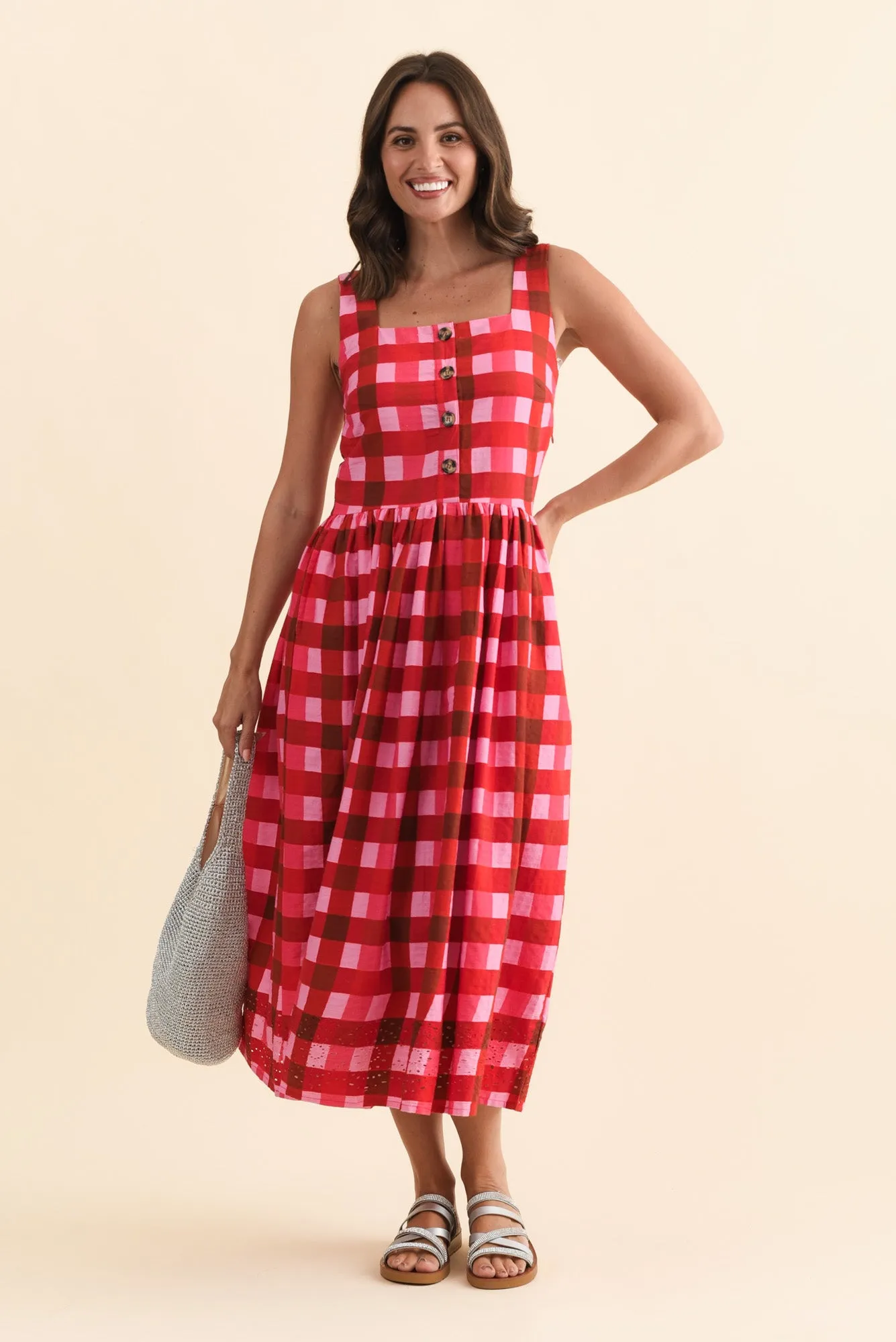 Edin Red Check Cotton Midi Dress sold by Blue Bungalow
