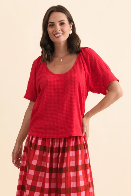 Grove Red Check Cotton Blend Top sold by Blue Bungalow