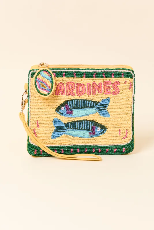 Yellow Sardines Beaded Clutch sold by Blue Bungalow