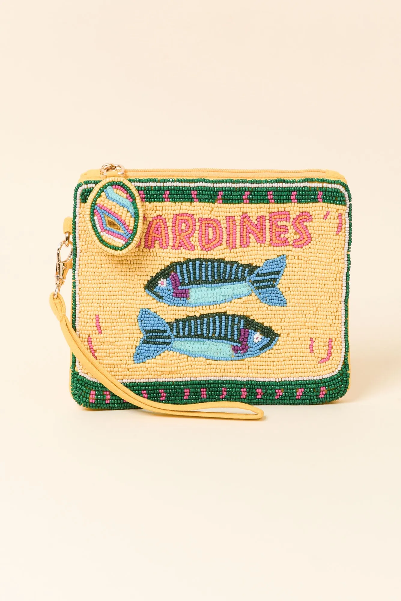 Yellow Sardines Beaded Clutch sold by Blue Bungalow