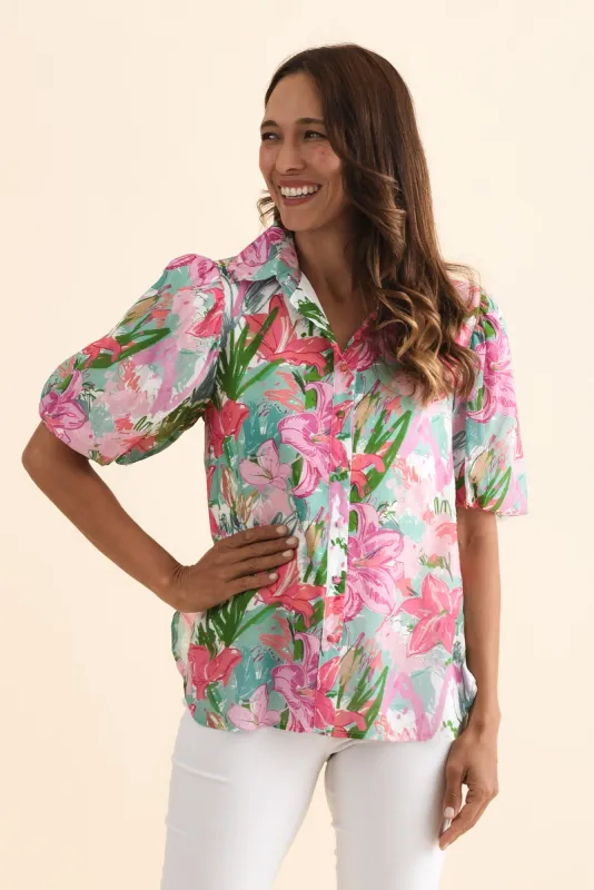 Salma Pink Lily Puff Sleeve Shirt sold by Blue Bungalow