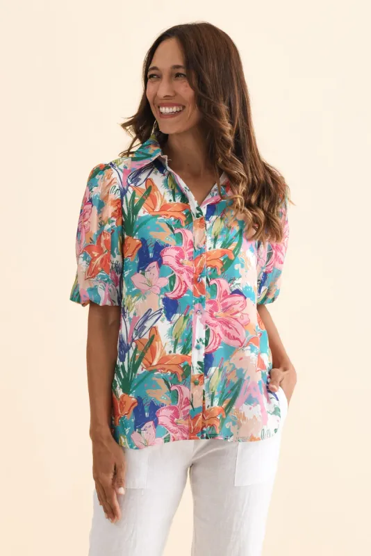 Salma Blue Lily Puff Sleeve Shirt sold by Blue Bungalow