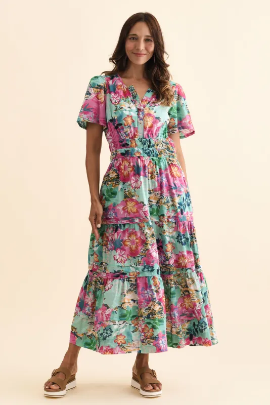 Leilani Turquoise Floral Flutter Sleeve Dress sold by Blue Bungalow