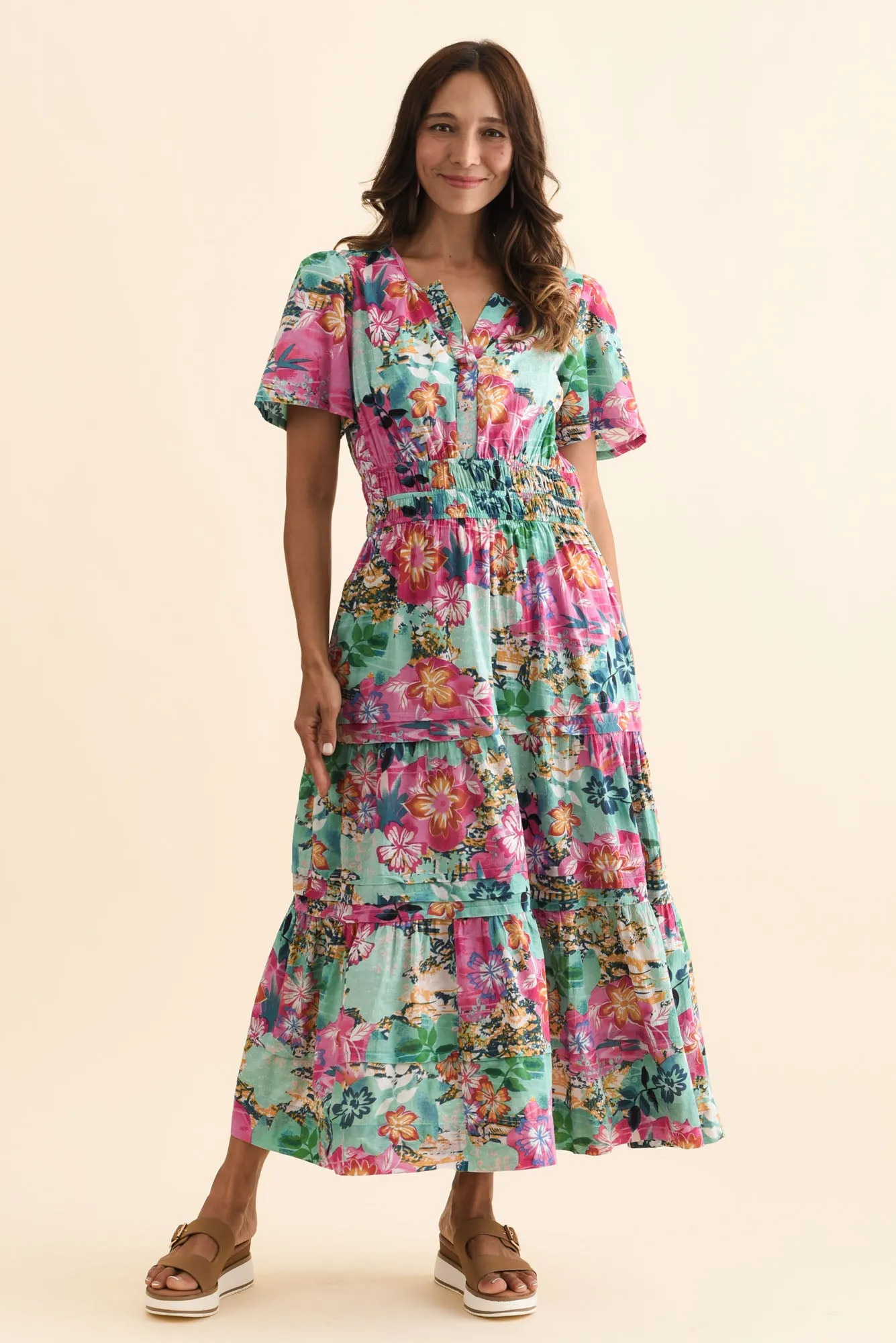 Leilani Turquoise Floral Flutter Sleeve Dress sold by Blue Bungalow