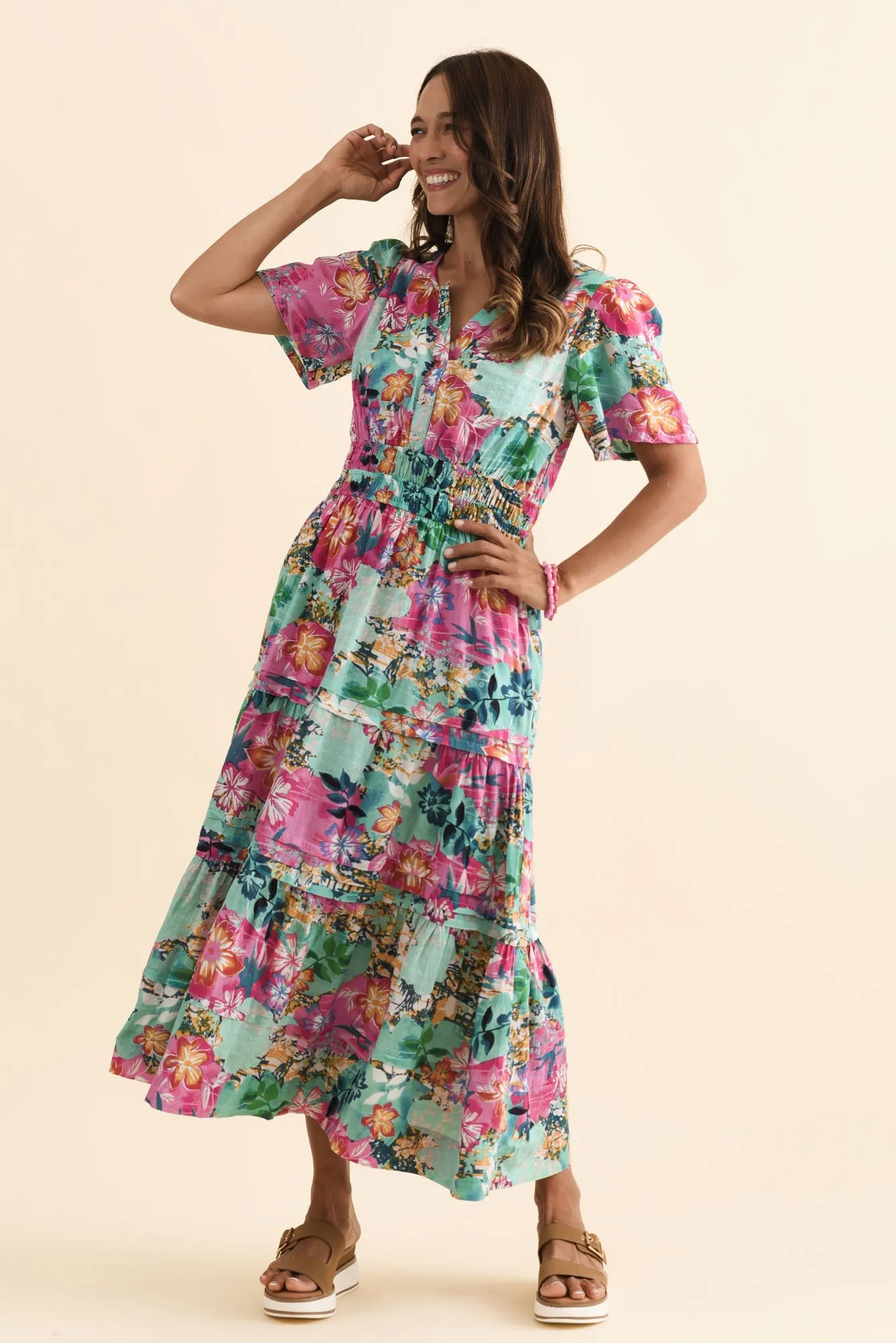 Leilani Turquoise Floral Flutter Sleeve Dress sold by Blue Bungalow product image thumbnail 2