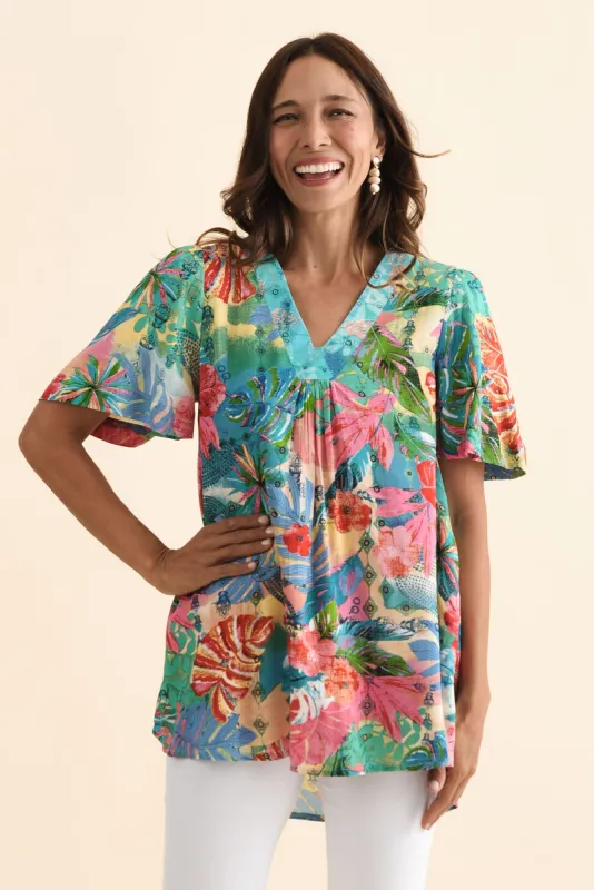 Frolic Blue Tropical Flutter Sleeve Top sold by Blue Bungalow