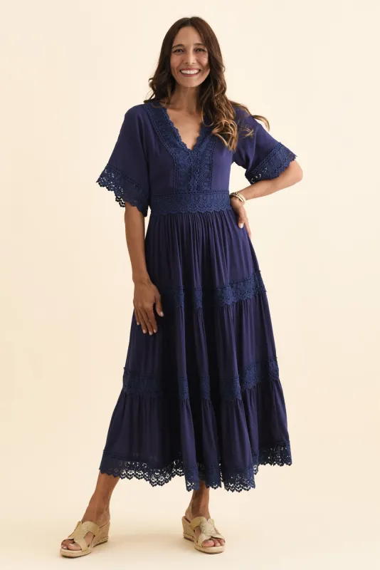 Loris Navy Lace Trim Dress sold by Blue Bungalow