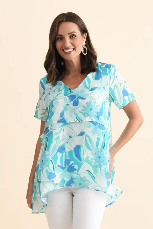 Alvina Aqua Blossom Layered Tunic Top sold by Blue Bungalow