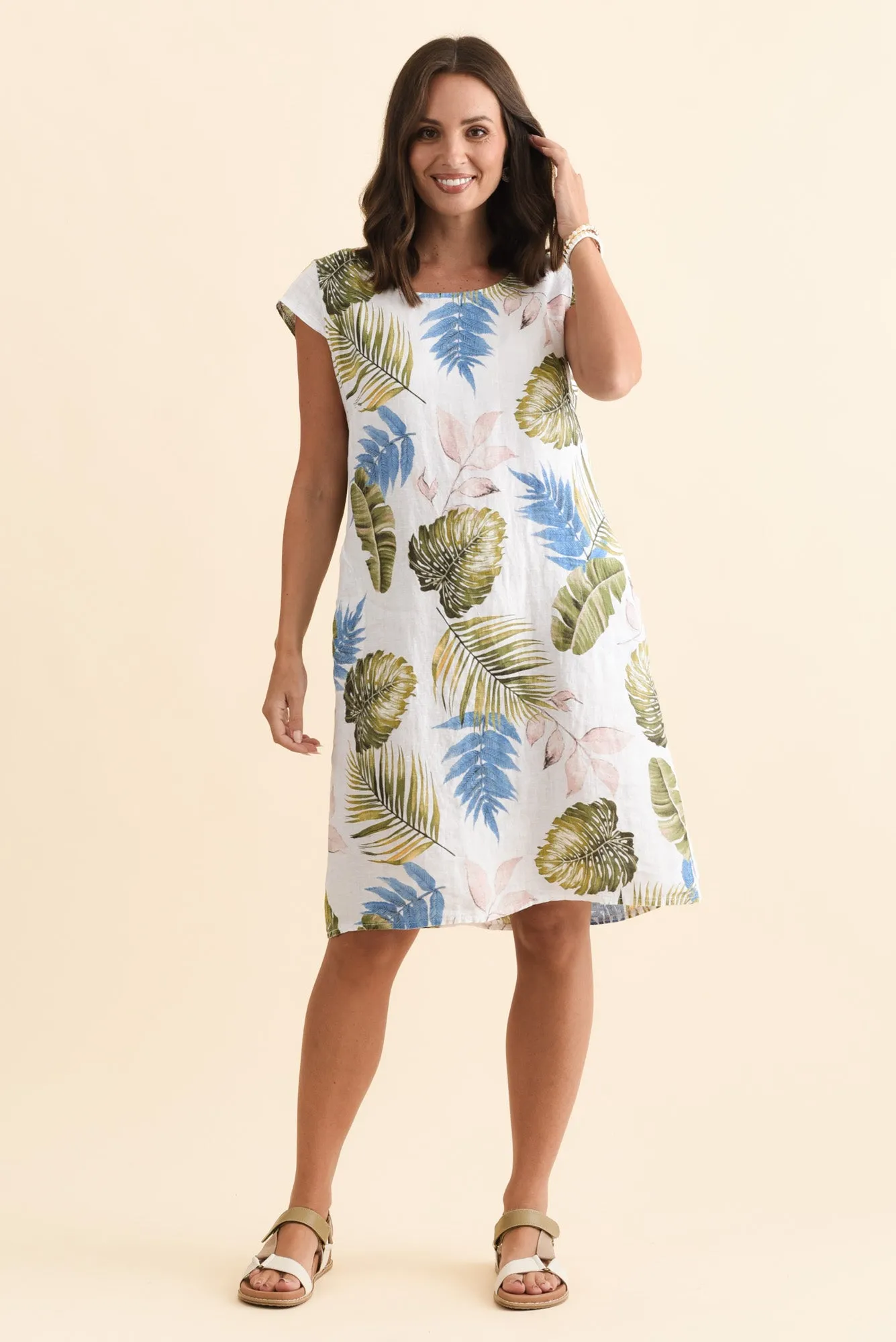 Tina White Palm Linen Pocket Dress sold by Blue Bungalow