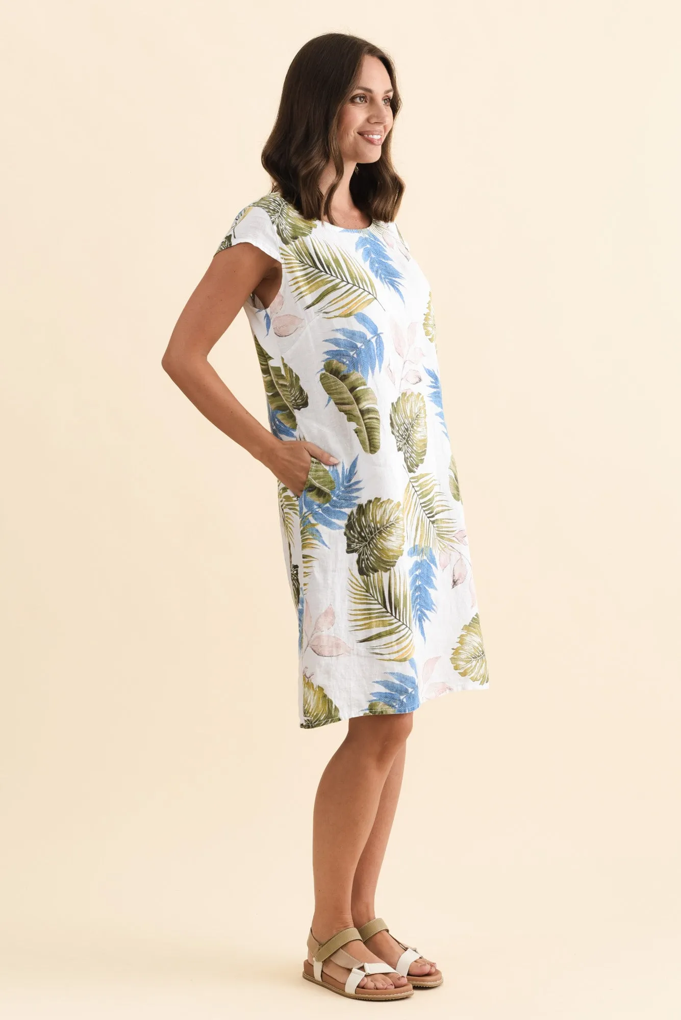 Tina White Palm Linen Pocket Dress sold by Blue Bungalow product image thumbnail 3