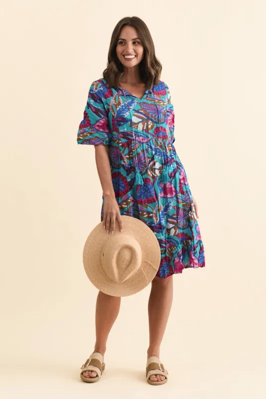 Mila Blue Tropical Crinkle Cotton Dress sold by Blue Bungalow