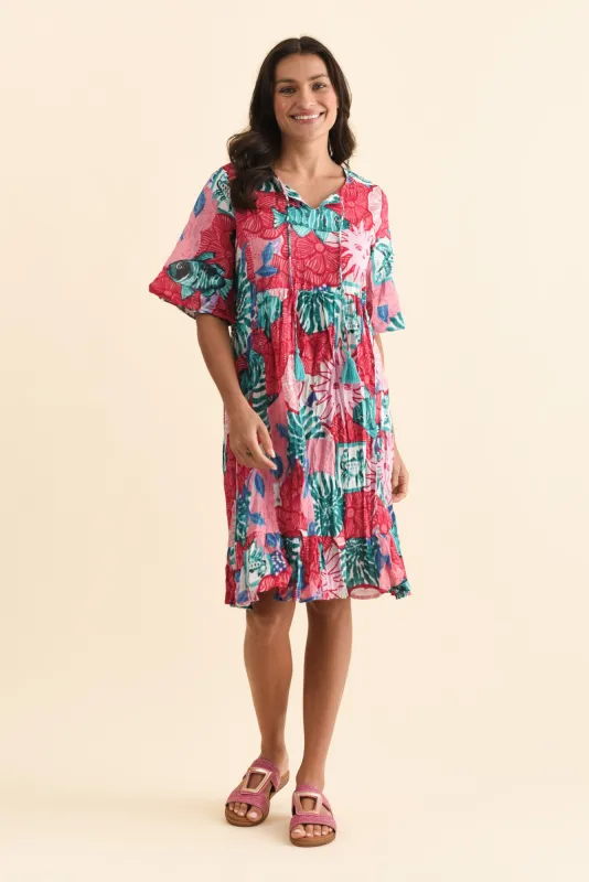 Mila Pink Abstract Crinkle Cotton Dress sold by Blue Bungalow