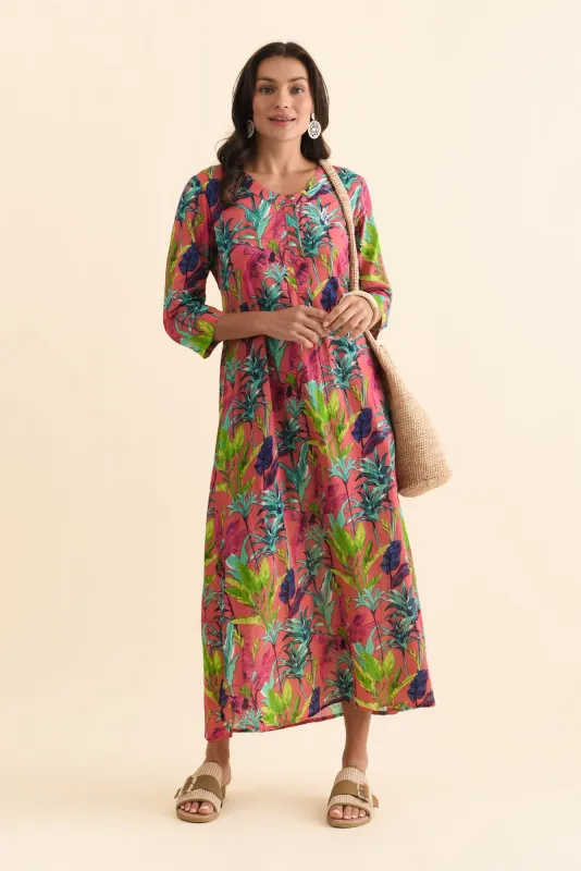 Apia Pink Tropical Cotton Maxi Dress sold by Blue Bungalow