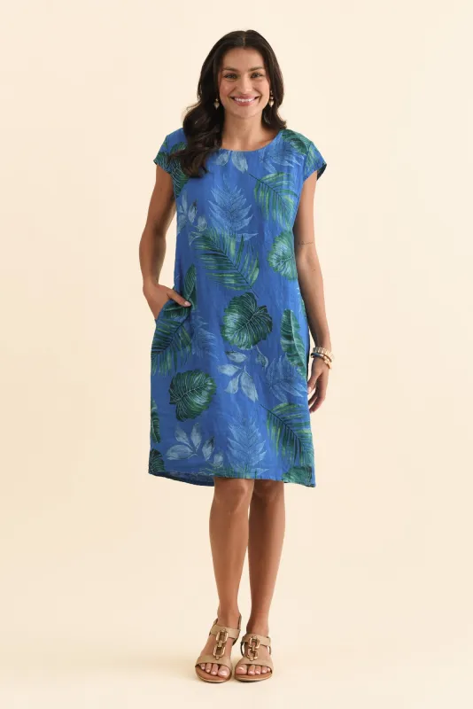 Tina Cobalt Palm Linen Pocket Dress sold by Blue Bungalow
