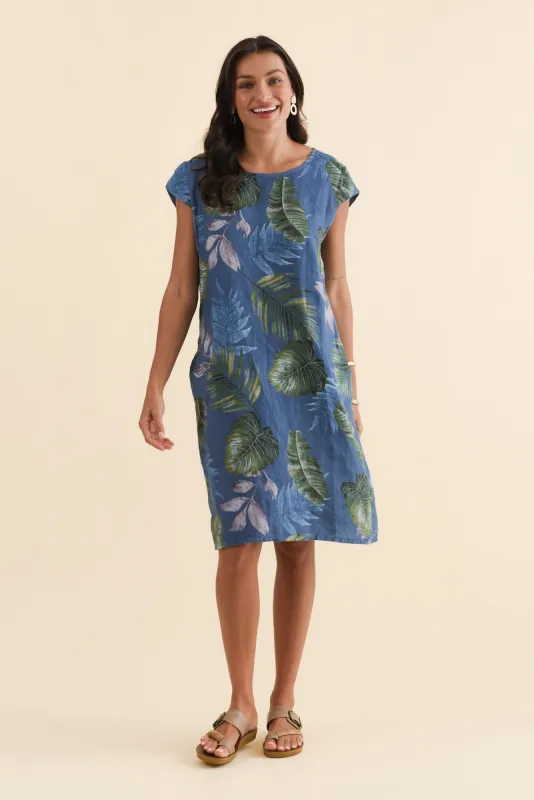 Tina Steel Palm Linen Pocket Dress sold by Blue Bungalow