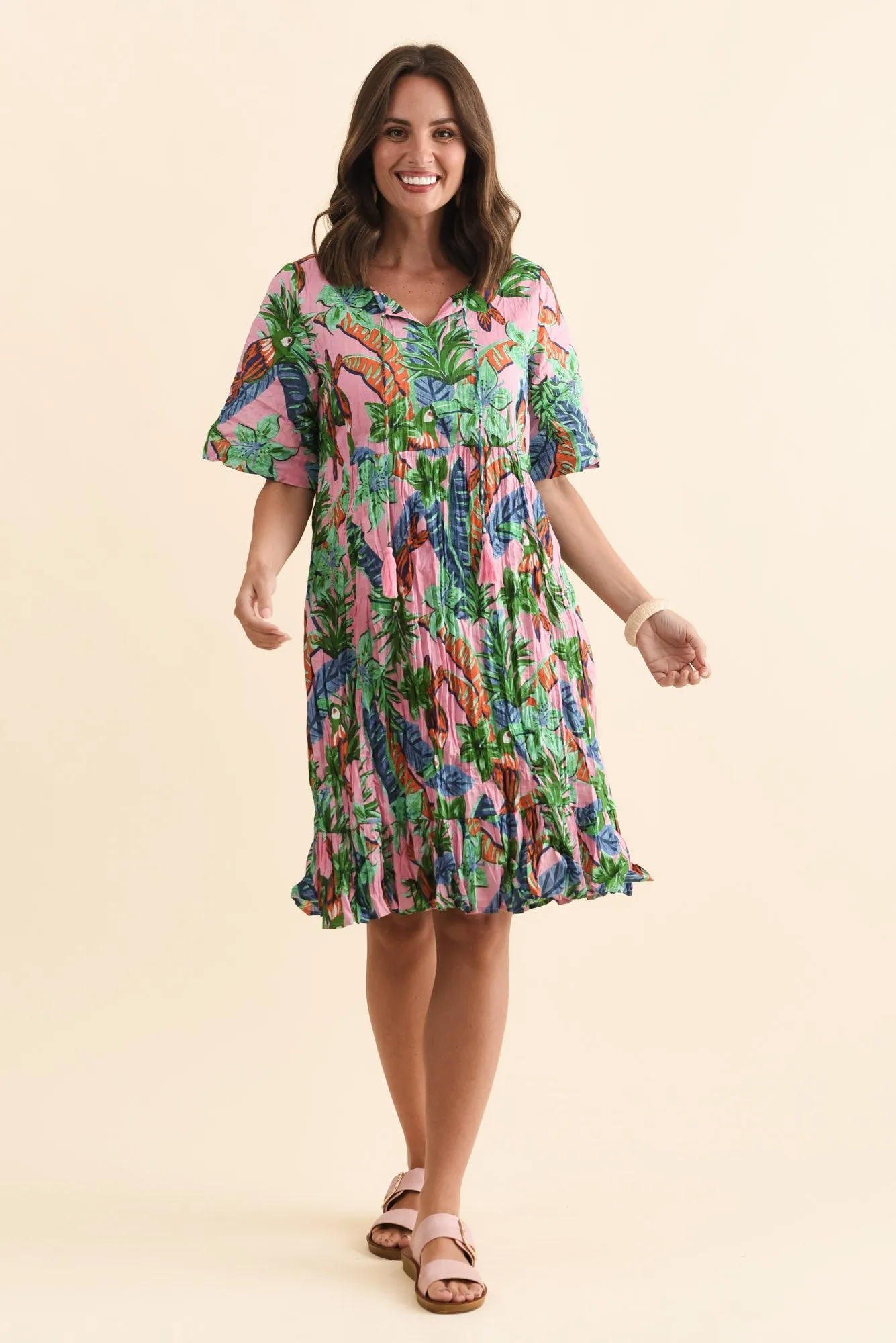 Mila Pink Jungle Crinkle Cotton Dress sold by Blue Bungalow