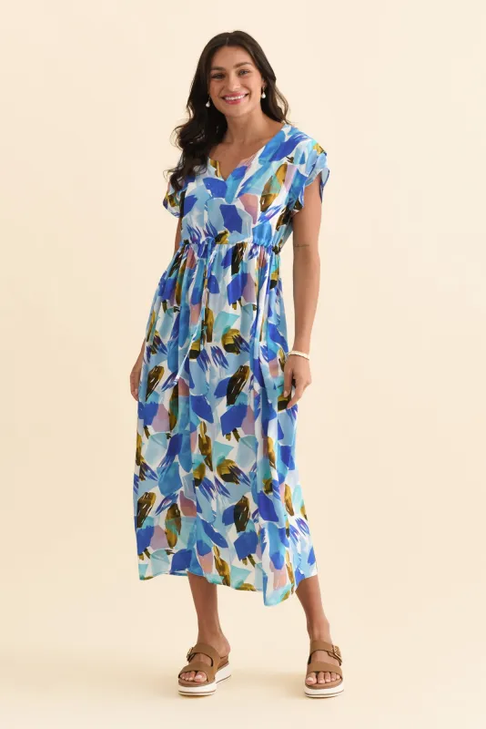 Suzette Blue Brush Stroke Midi Dress sold by Blue Bungalow