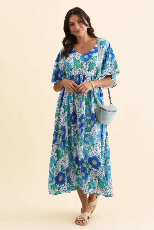 Jennifer Blue Garden Flutter Sleeve Dress sold by Blue Bungalow