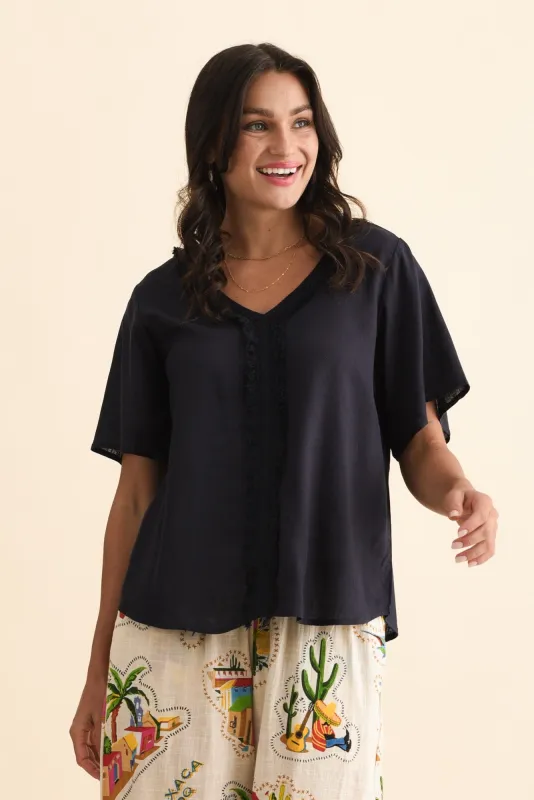 Georgio Navy Linen Top sold by Blue Bungalow