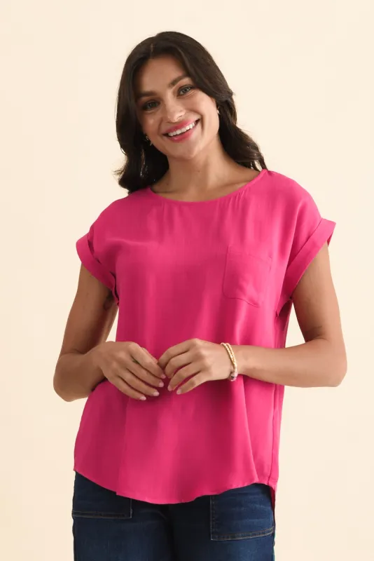 Aiden Hot Pink Linen Blend Pocket Top sold by Blue Bungalow