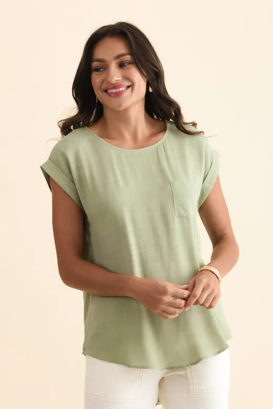 Aiden Sage Linen Blend Pocket Top sold by Blue Bungalow