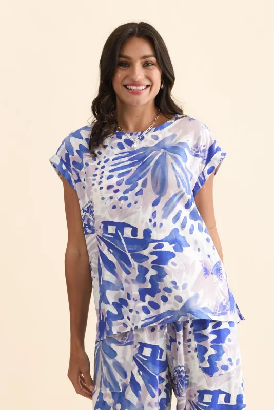 Alta Cobalt Abstract Linen Cotton Top sold by Blue Bungalow