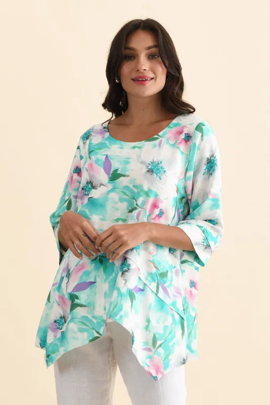 Anya Blue Bloom Linen Cotton Top sold by Blue Bungalow
