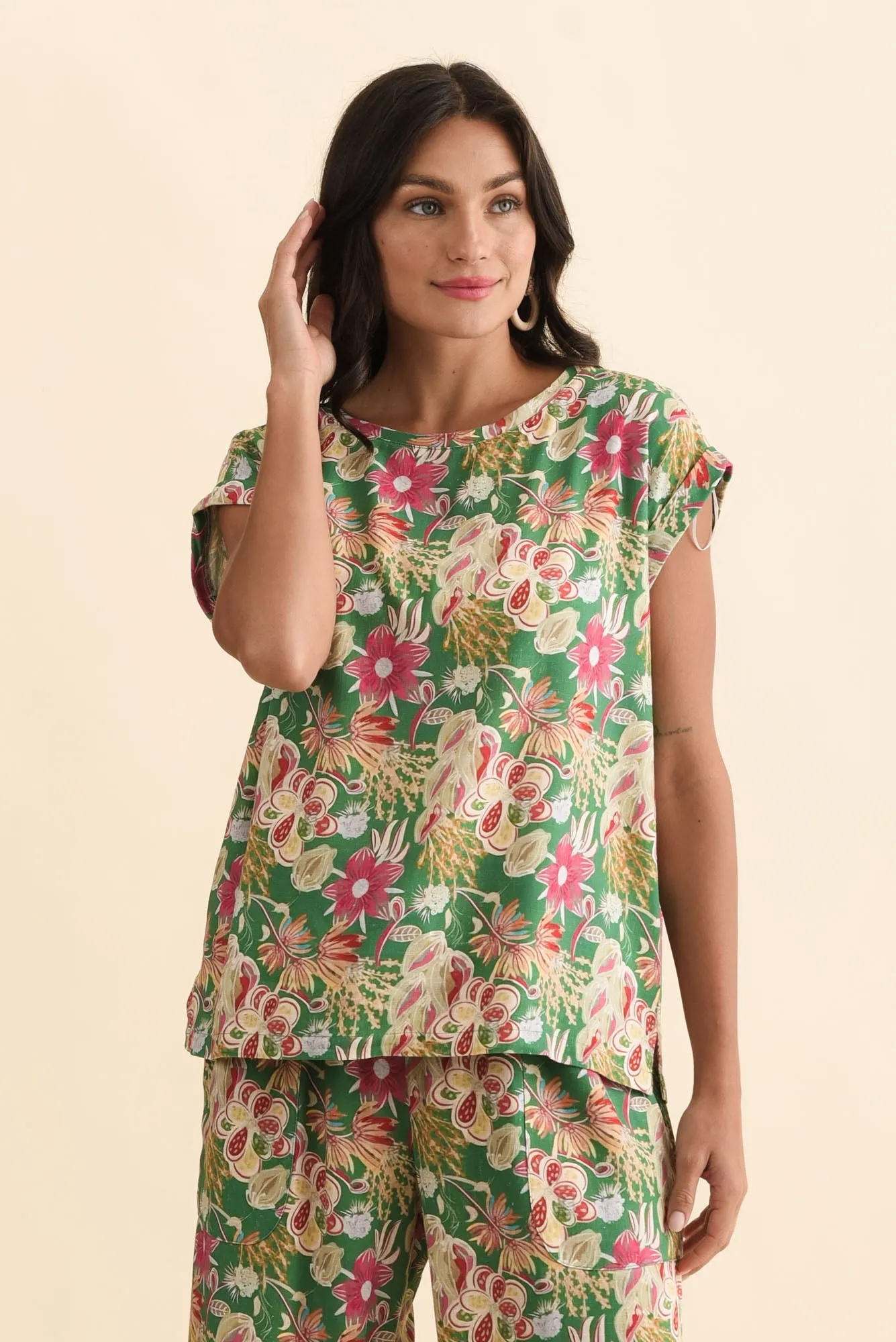 Alta Green Flower Linen Cotton Top sold by Blue Bungalow