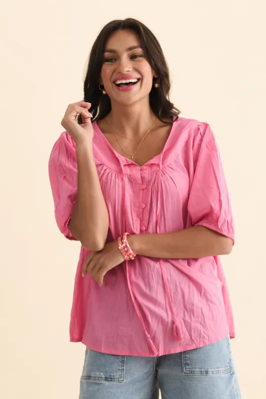 Claris Bright Pink Crinkle Cotton Top sold by Blue Bungalow