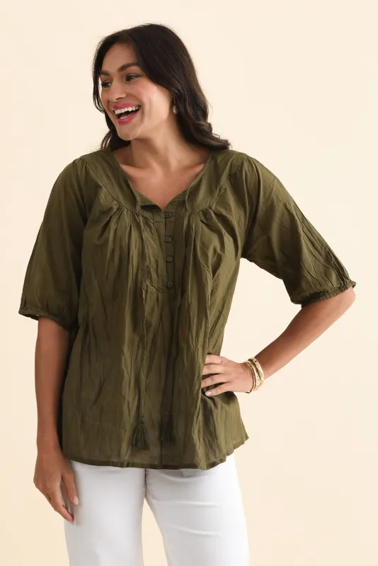 Claris Khaki Crinkle Cotton Top sold by Blue Bungalow