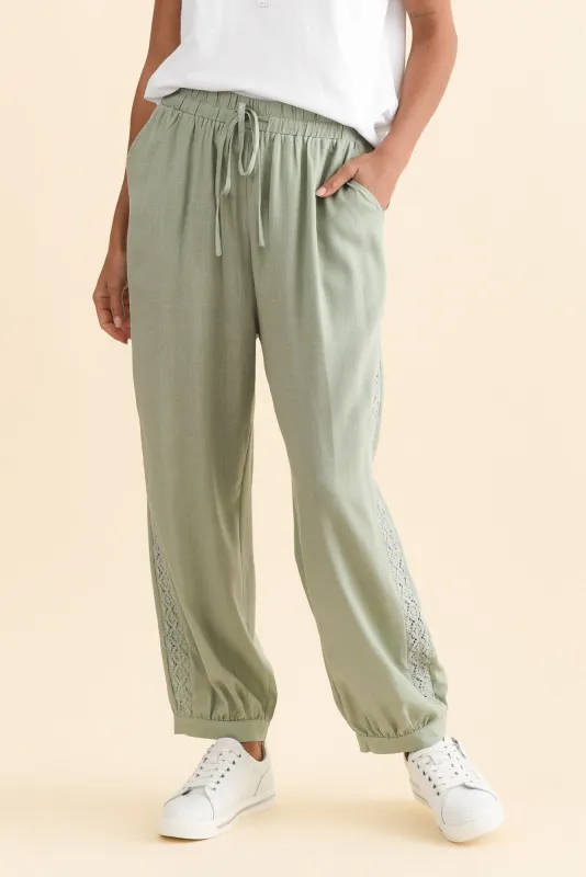 Beretta Khaki Lace Linen Blend Pants sold by Blue Bungalow