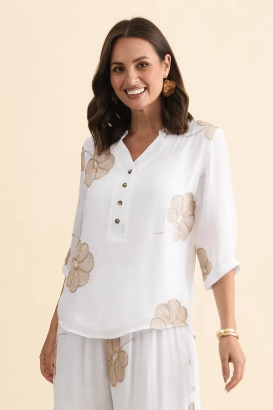 Narelle White Flower Button Top made by Willow Tree