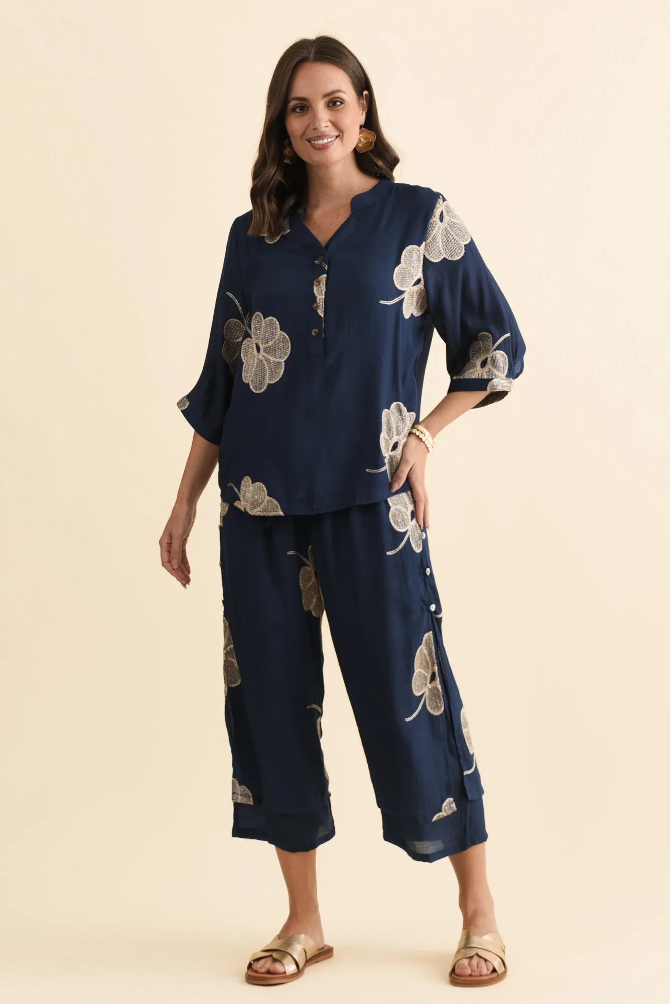 Narelle Navy Flower Button Top sold by Blue Bungalow product image thumbnail 2