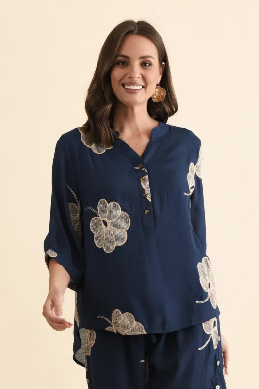 Narelle Navy Flower Button Top made by Willow Tree