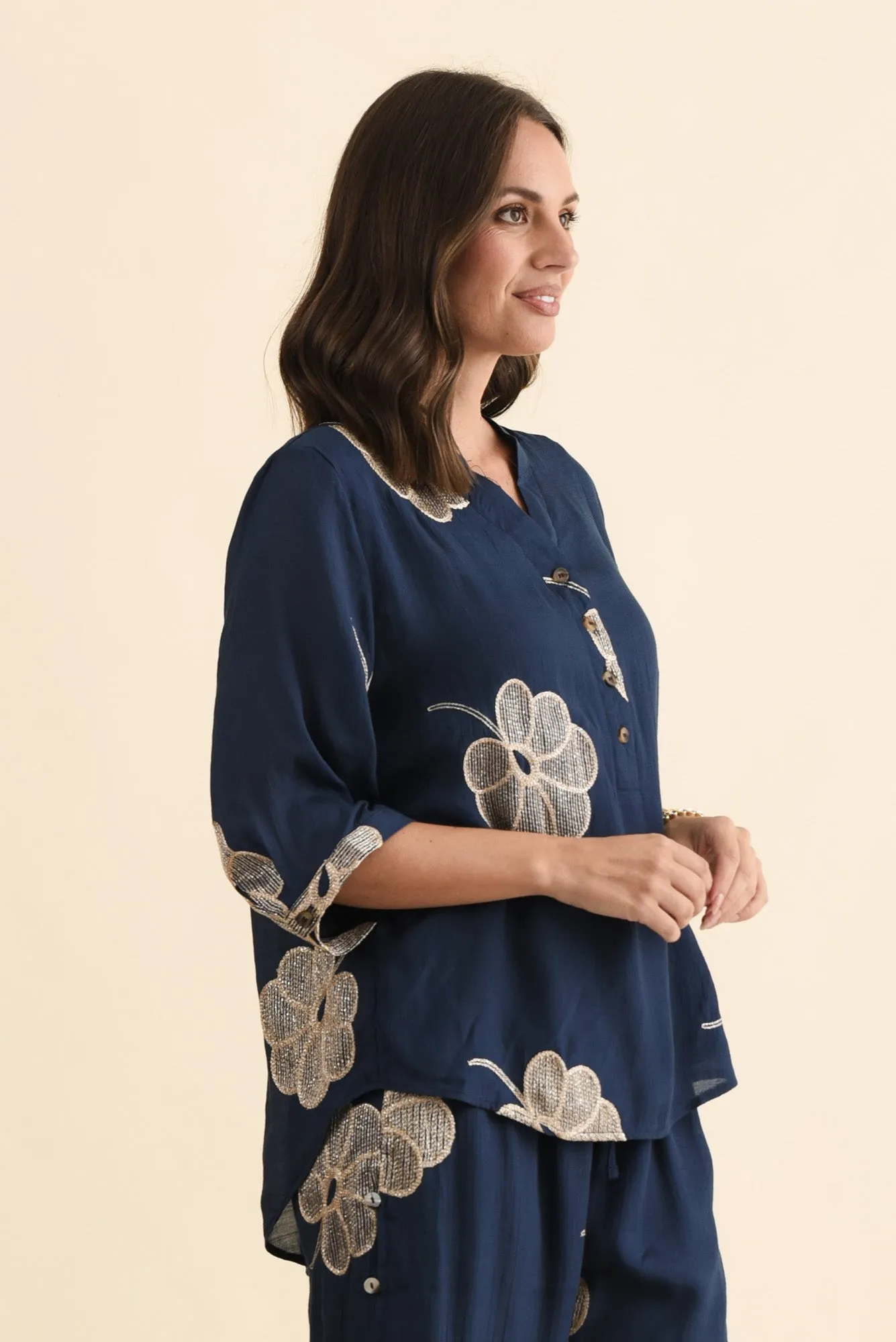 Narelle Navy Flower Button Top sold by Blue Bungalow product image thumbnail 3