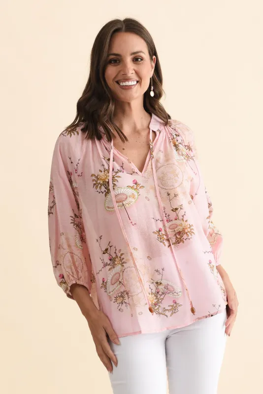 Joelle Pink Garden Cotton Tie Top sold by Blue Bungalow