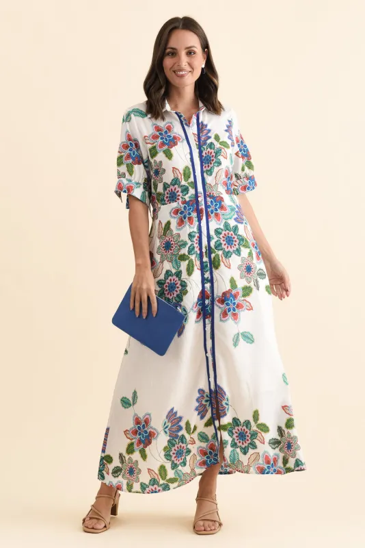 Athens White Floral Linen Cotton Dress sold by Blue Bungalow